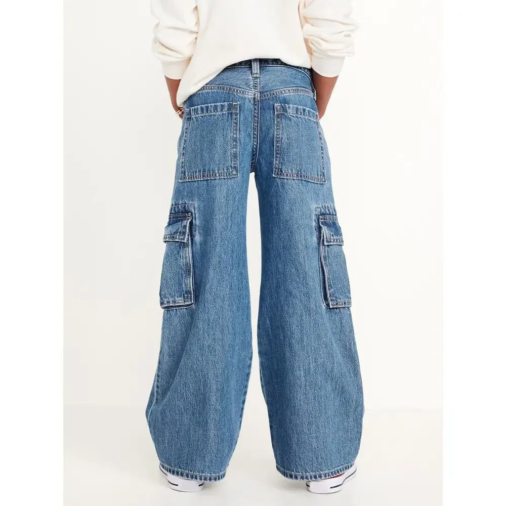 Old Navy High Waisted Super Baggy Wide-Leg Cargo Jeans Blue Indigo Girls 12